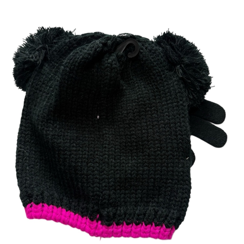 Girls' Winter Hat & Gloves Set Black Knit Critter Beanie with Silver Bow NWT - Picture 4 of 7